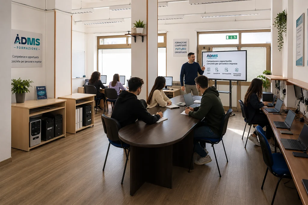 Docente e studenti durante una lezione presso l'aula formativa di ADMS Formazione a Pomezia