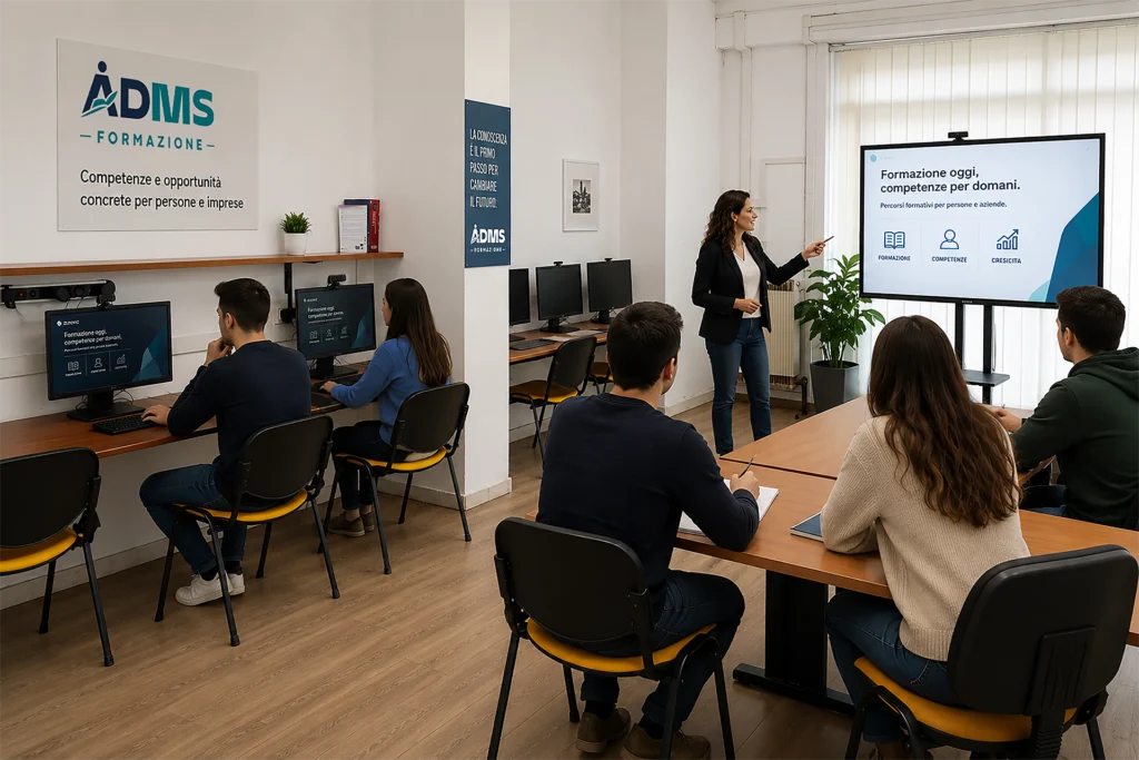 Docente durante una lezione in aula presso ADMS Formazione a Pomezia con studenti impegnati in un percorso di formazione professionale e aggiornamento delle competenze.