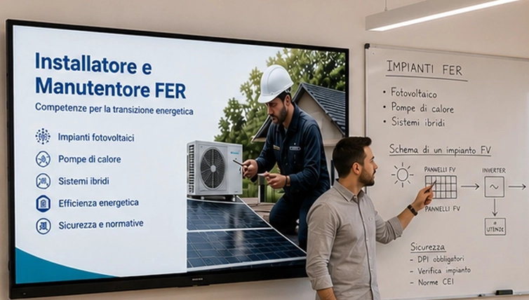 Docente durante una lezione del corso Installatore e Manutentore Straordinario Impianti FER presso ADMS Formazione.