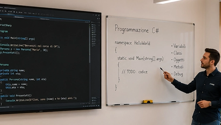 Docente durante una lezione del corso di Programmazione C# presso ADMS Formazione.